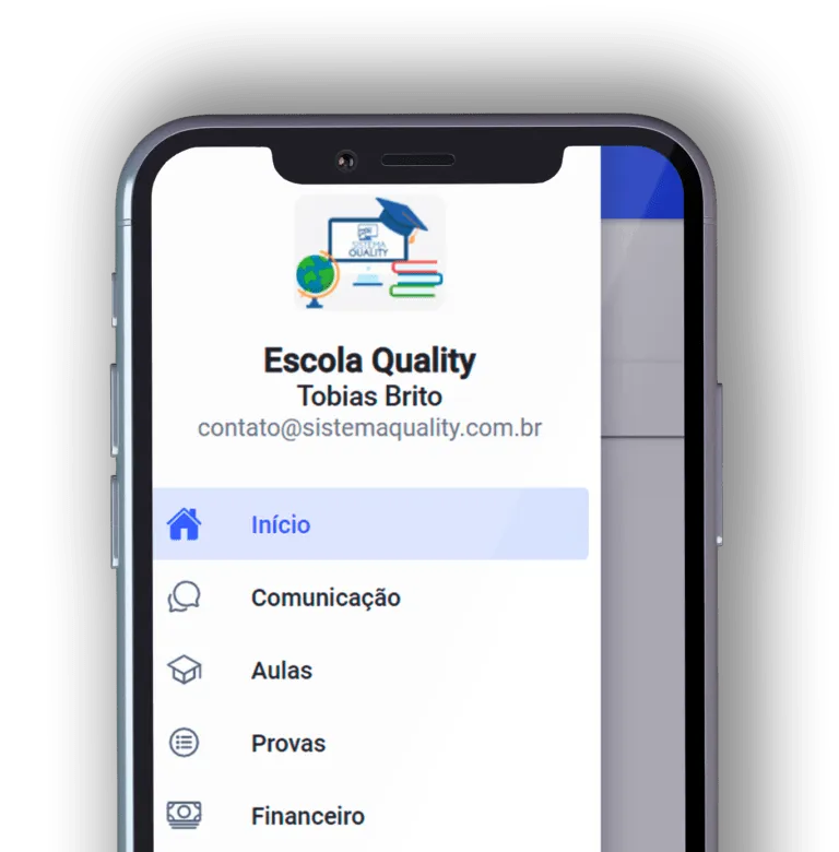 Tela inicial do aplicativo Sistema Quality com menu de comunicação, aulas, provas e financeiro